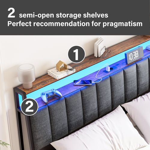 Cadre De Lit 160 X 200 Avec Base En Métal, Lit 2 Personnes, Avec Lumières LED Et Prises Multiples