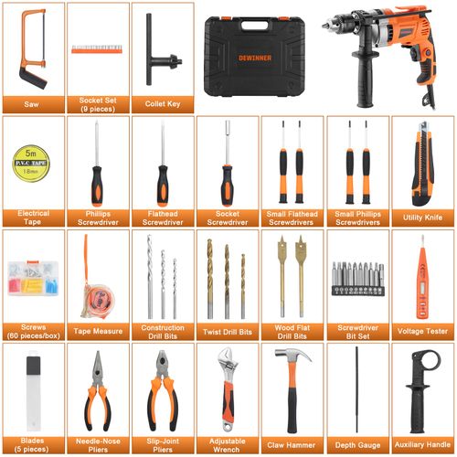 Perceuse à Percussion Filaire 910w 0-3000 Tr/min, Perceuse Électrique Avec 115 Pièces Caisse À
