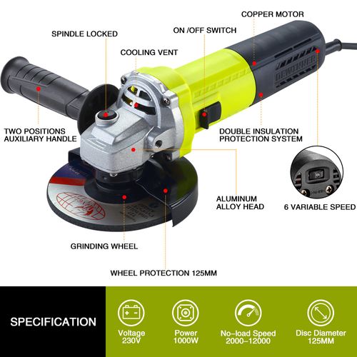 Meuleuse D'angle 125mm 1000w 2000-12000 Trs/min Avec 20 Accessoires, Meuleuses D'angle Avec Sac À