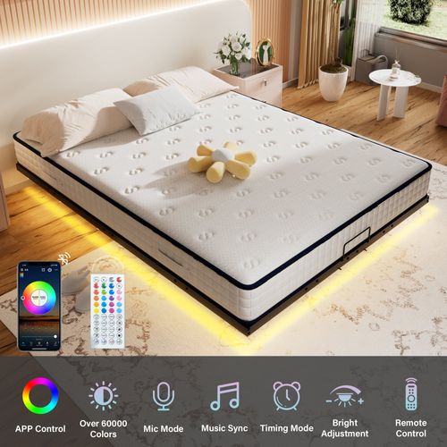 Ensemble 140x190 Cm Cadre De Lit LED En Métal + Matelas Ressorts,ép.30cm