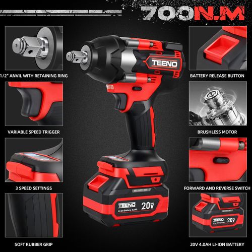 Clé à Chocs Sans Fil Brushless, Couple Maximal 700n. M, 1/2" Avec Deux Batteries 4,0 Ah,rotation