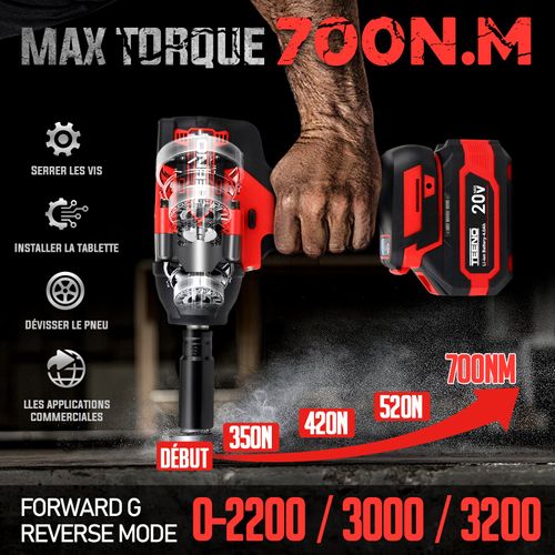 Clé à Chocs Sans Fil Brushless, Couple Maximal 700n. M, 1/2" Avec Deux Batteries 4,0 Ah,rotation