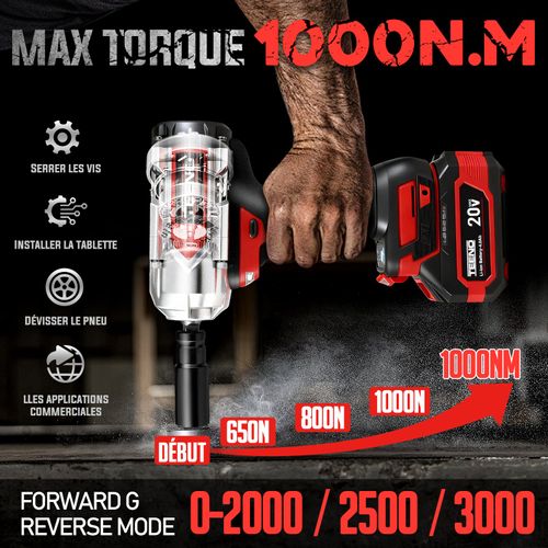 Clé à Chocs Sans Fil Brushless, Couple Maximal 1000n. M, 1/2" Avec Deux Batteries 4,0 Ah,rotation