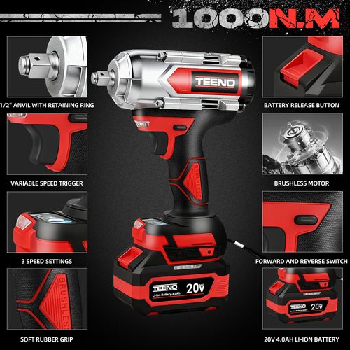 Clé à Chocs Sans Fil Brushless, Couple Maximal 1000n. M, 1/2" Avec Deux Batteries 4,0 Ah,rotation