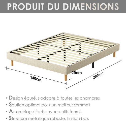 Sommier Tapissier 140x200cm, 14 Lattes, 9 Pieds Hauteur Du Cadre 29 Cm