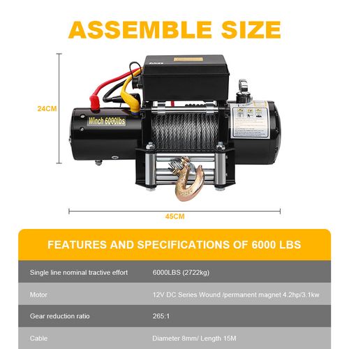 Treuil Électrique 12v 6000 Lbs / 2722 Kg, 15 Mètres De Câble, 30 Mètres De Commande Sans Fil