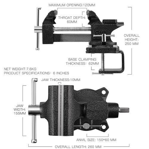 Etau D'établi En Fonte D'acier, Largeur De Serrage 150 Mm, Force De Serrage 1000 Kg, Amovible,