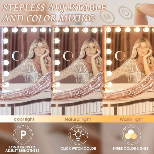 Miroir De Maquillage Hollywood Avec Lumières, à Poser Au Sol Ou à Fixer Au Mur, 80x58 Cm