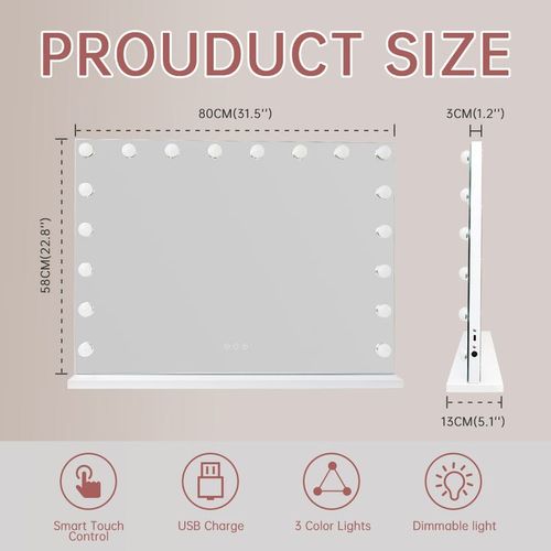 Miroir De Maquillage Hollywood Avec Lumières, à Poser Au Sol Ou à Fixer Au Mur, 80x58 Cm
