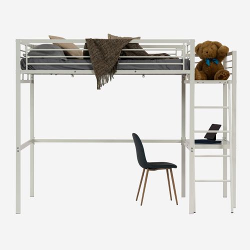 Lit Mezzanine 2 Places 140x190cm Avec Sommier à Lattes Et Bureau En Verre Et Métal, Blanc