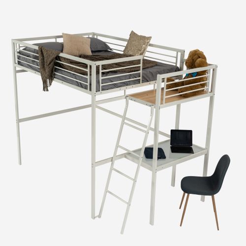 Lit Mezzanine 2 Places 140x190cm Avec Sommier à Lattes Et Bureau En Verre Et Métal, Blanc