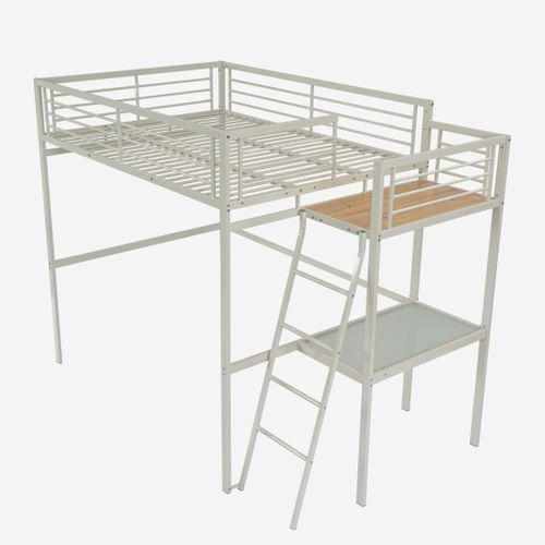 Lit Mezzanine 2 Places 140x190cm Avec Sommier à Lattes Et Bureau En Verre Et Métal, Blanc