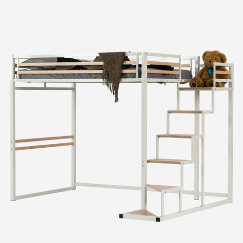 Lit Mezzanine 2 Places 140x200cm Avec Sommier à Lattes En Bois D'ingénierie Et Métal, Blanc+chêne