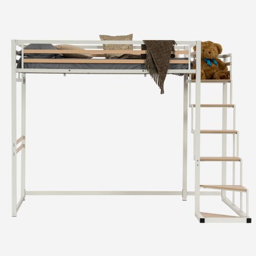 Lit Mezzanine 2 Places 140x200cm Avec Sommier à Lattes En Bois D'ingénierie Et Métal, Blanc+chêne