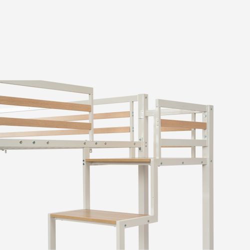 Lit Mezzanine 2 Places 140x200cm Avec Sommier à Lattes En Bois D'ingénierie Et Métal, Blanc+chêne