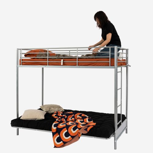 Lit Superposé 90x190cm Sans Matelas Avec Banquette Et Sommier à Lattes En Métal, Gris