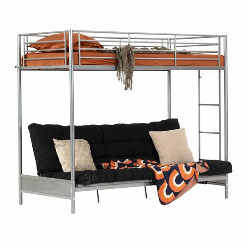Lit Superposé 90x190cm Sans Matelas Avec Banquette Et Sommier à Lattes En Métal, Gris