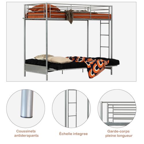 Lit Superposé 90x190cm Sans Matelas Avec Banquette Et Sommier à Lattes En Métal, Gris