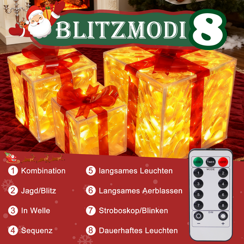 Lot De 3 Boîtes à Cadeaux Lumineuses De Noël LED 8 Modes Avec Télécommande Décoration De Noël