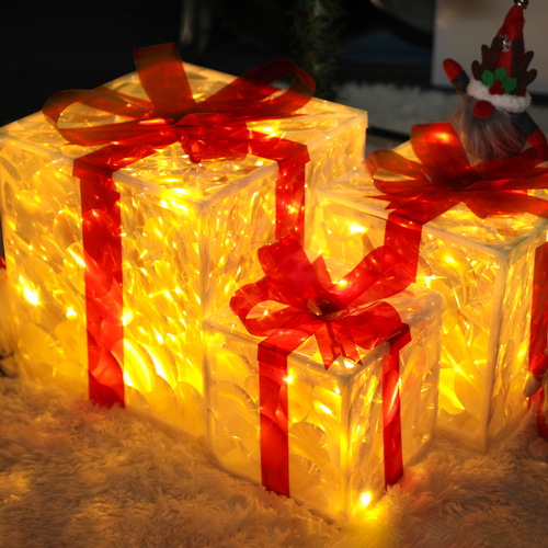 Lot De 3 Boîtes à Cadeaux Lumineuses De Noël LED 8 Modes Avec Télécommande Décoration De Noël