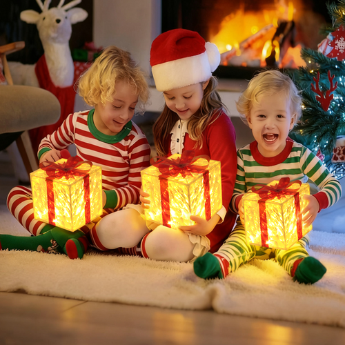 Lot De 3 Boîtes à Cadeaux Lumineuses De Noël LED 8 Modes Avec Télécommande Décoration De Noël