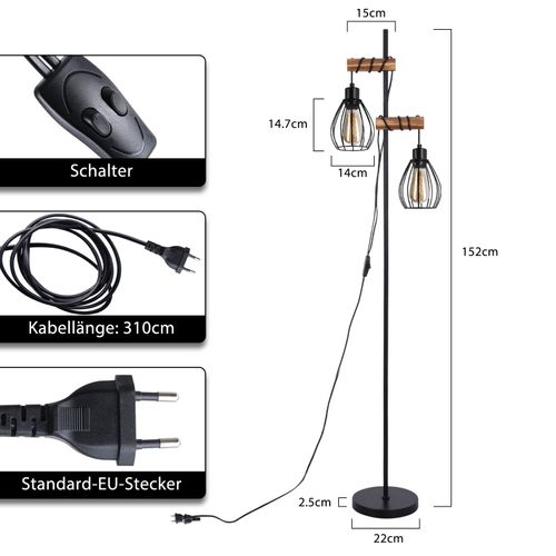 Lampadaire Vintage 152cm - 2 Lumières Noir Design Industriel E27 - Pour Salon/chambre