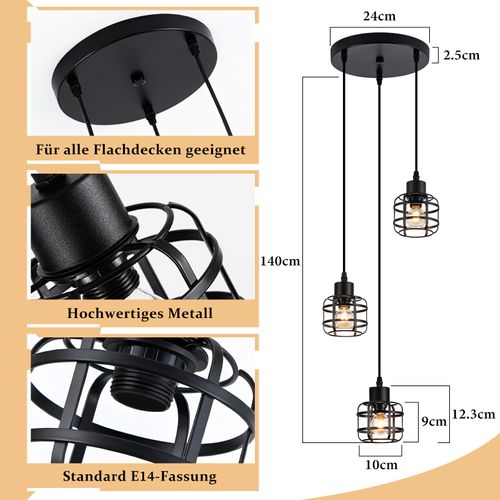Suspension Salle à Manger 3 Flammes Noir Vintage E14 Pour Cuisine Café Sans Ampoule