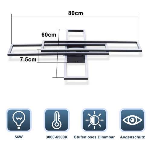Plafonnier LED Métal Noir 56w 80cm Plafonnier Salon Moderne Dimmable Avec Télécommande Pour Cuisine