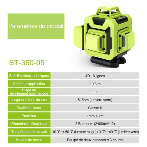 Niveau Laser 4 X 360°, 2 Batteries 2400 Mah, 4d 16 Fils.