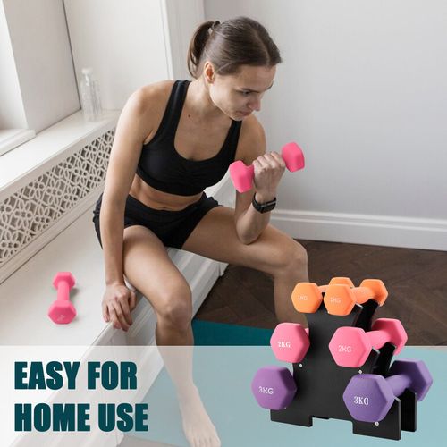 Haltères Néoprène 1kg 2kg 3kg Avec Support – Set De 6 Haltères Musculation