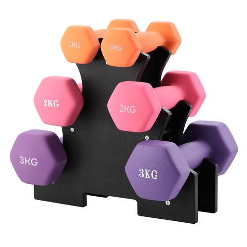 Haltères Néoprène 1kg 2kg 3kg Avec Support – Set De 6 Haltères Musculation