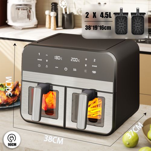 9l Dual Air Fryer, Friteuse Sans Huile, Écran Tactile, Alerte Aux Tremblements, Noir