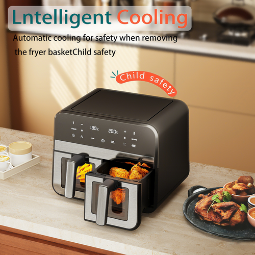 9l Dual Air Fryer, Friteuse Sans Huile, Écran Tactile, Alerte Aux Tremblements, Noir