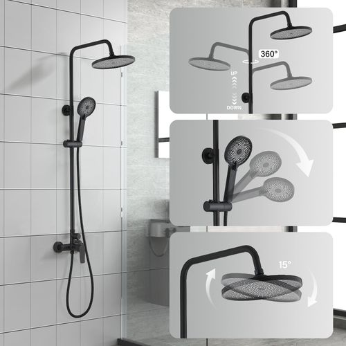 Colonne De Douche Avec Tête De Douche Ronde Et Manchette En Abs Avec 3 Jets, Noir