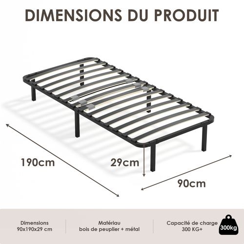 Sommier Cadre à Lattes 90x190 Cm, 14 lattes, Inclus 6 pieds
