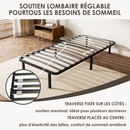 Sommier Cadre à Lattes 90x190 Cm, 14 lattes, Inclus 6 pieds