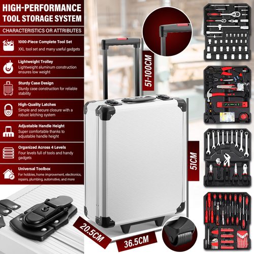 Coffret à Outils 1000 Pièces Professionnel - Valise Roulante Aluminium Avec Poignée Télescopique Et