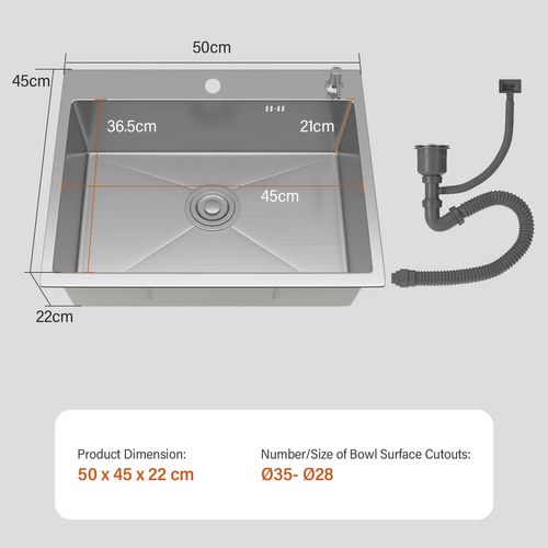 Évier Inox 1 Bac 50x45x22 Cm Argent - Pour Petite Cuisine et Camping-car - Prépercé Avec Filtre