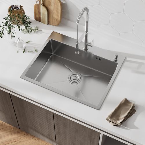 Évier Inox 1 Bac 50x45x22 Cm Argent - Pour Petite Cuisine et Camping-car - Prépercé Avec Filtre