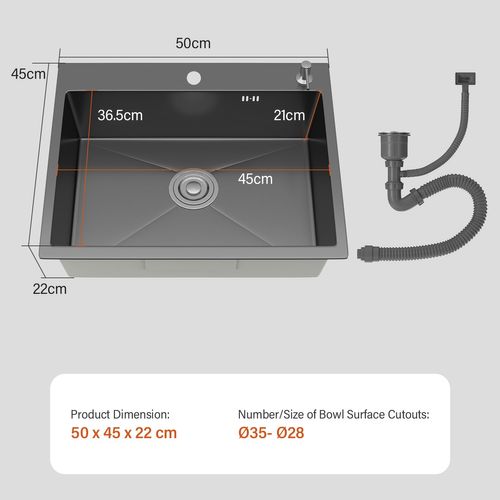Évier Inox 1 Bac 50x45x22 Cm Gris Métallisé - Pour Petite Cuisine et Camping-car - Prépercé Avec