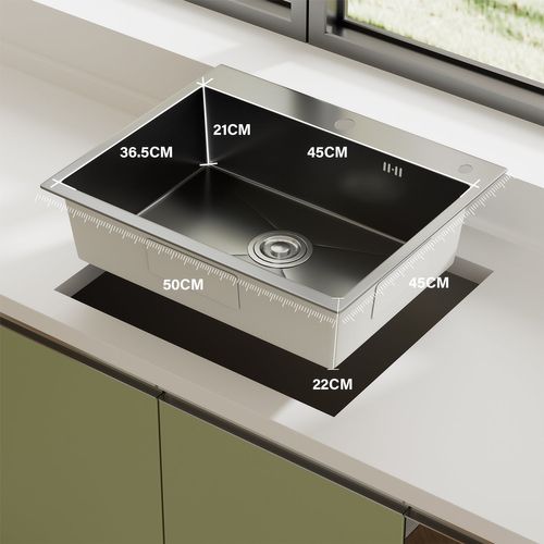 Évier Inox 1 Bac 50x45x22 Cm Gris Métallisé - Pour Petite Cuisine et Camping-car - Prépercé Avec