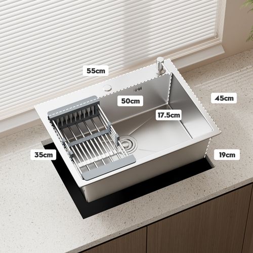 Évier Inox 1 Bac 55x45x19 Cm Argent - Évier Encastrable Moderne, Facile à Nettoyer Avec Panier et