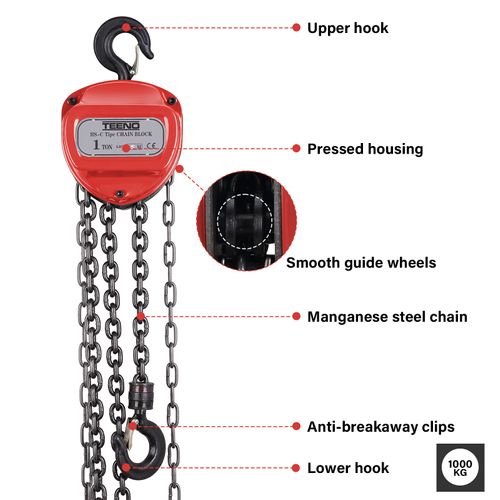 Palan à Chaîne Manuel Con Gancio Per Carichi Pesanti, 1 Tonnes, Hauteur De Levage 5 M, Rouge