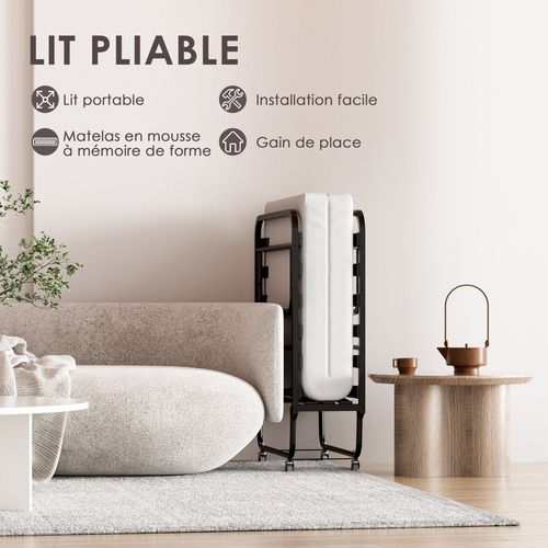 Lit Pliant 90x190 Cm Avec Matelas De 10cm, Lit Pliable 1 Personne Adulte, 4 Roulettes, 2 Min