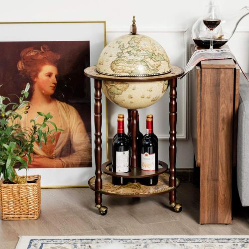 Bar Globe Terrestre Mappemonde En Bois D'eucalyptus Pour Vin, 44,3x44,3x88cm