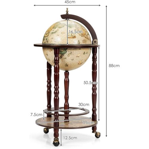 Bar Globe Terrestre Mappemonde En Bois D'eucalyptus Pour Vin, 44,3x44,3x88cm