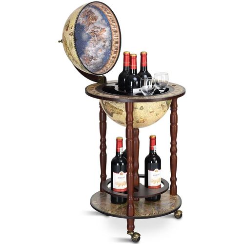 Bar Globe Terrestre Mappemonde En Bois D'eucalyptus Pour Vin, 44,3x44,3x88cm
