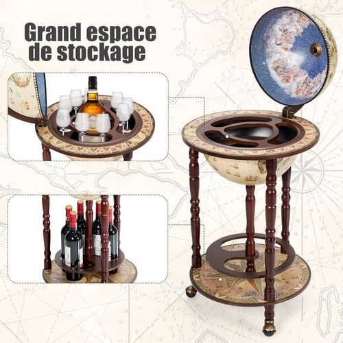 Bar Globe Terrestre Mappemonde En Bois D'eucalyptus Pour Vin, 44,3x44,3x88cm