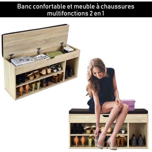 Meuble à Chaussure En Bois Armoire à Chaussure Avec Siège Coussin 104 X 30 X 48 Cm