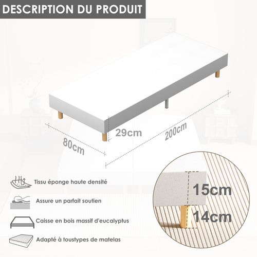 Sommier Tapissier à Lattes 80x200cm Blanc, 6 Pieds